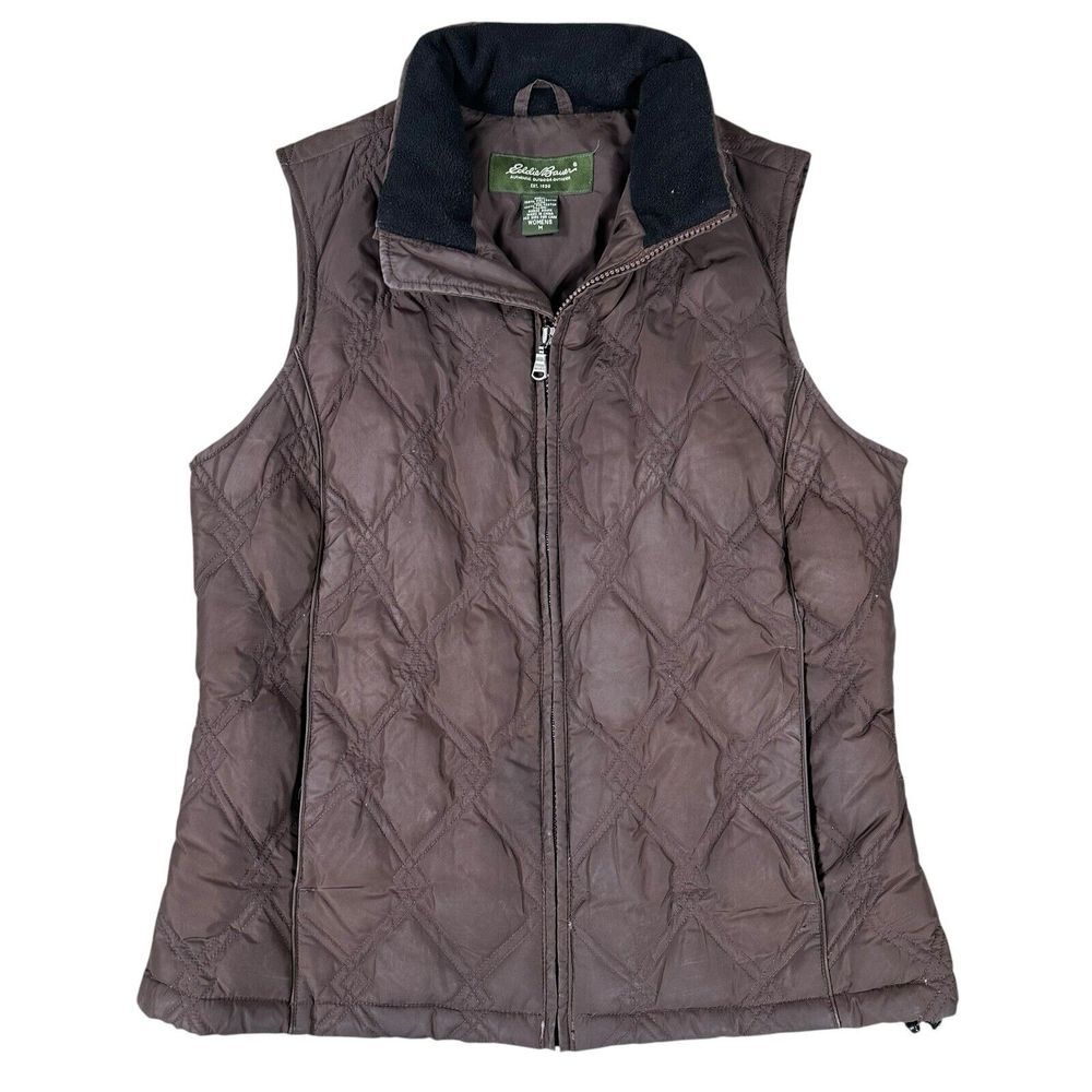 Eddie Bauer Women's Medium Down‎ Filled Quilted Vest Brown Puffer Full Zip